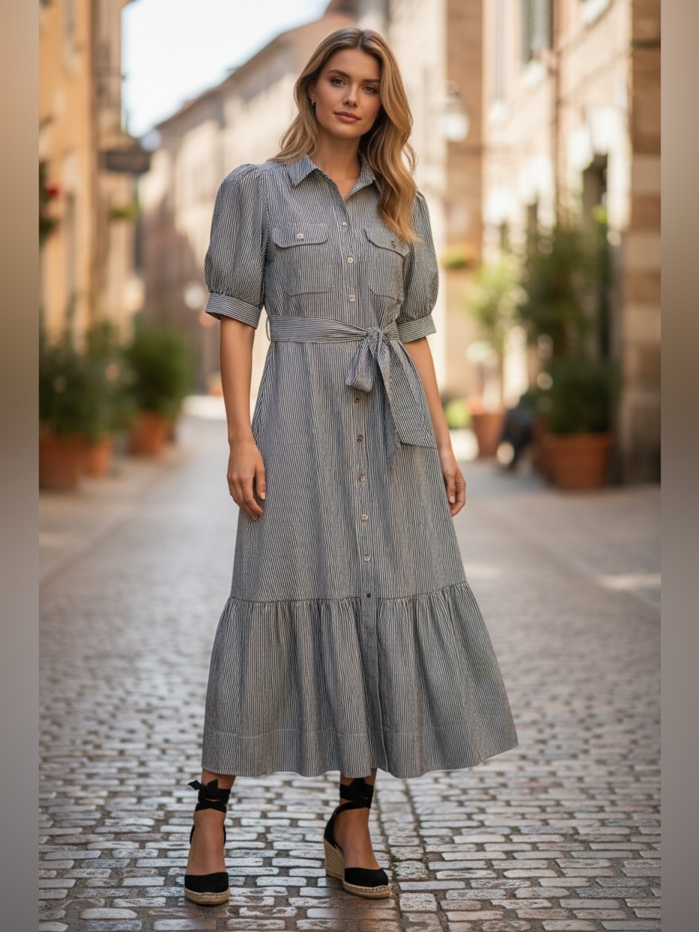 ME+EM Striped Button-Front Maxi Dress in Light Gray size 10
